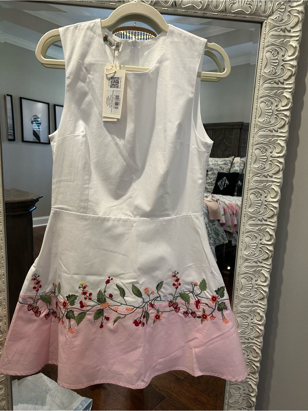 Fanm Mon White Dress with Pink Hem and Floral Embroidery